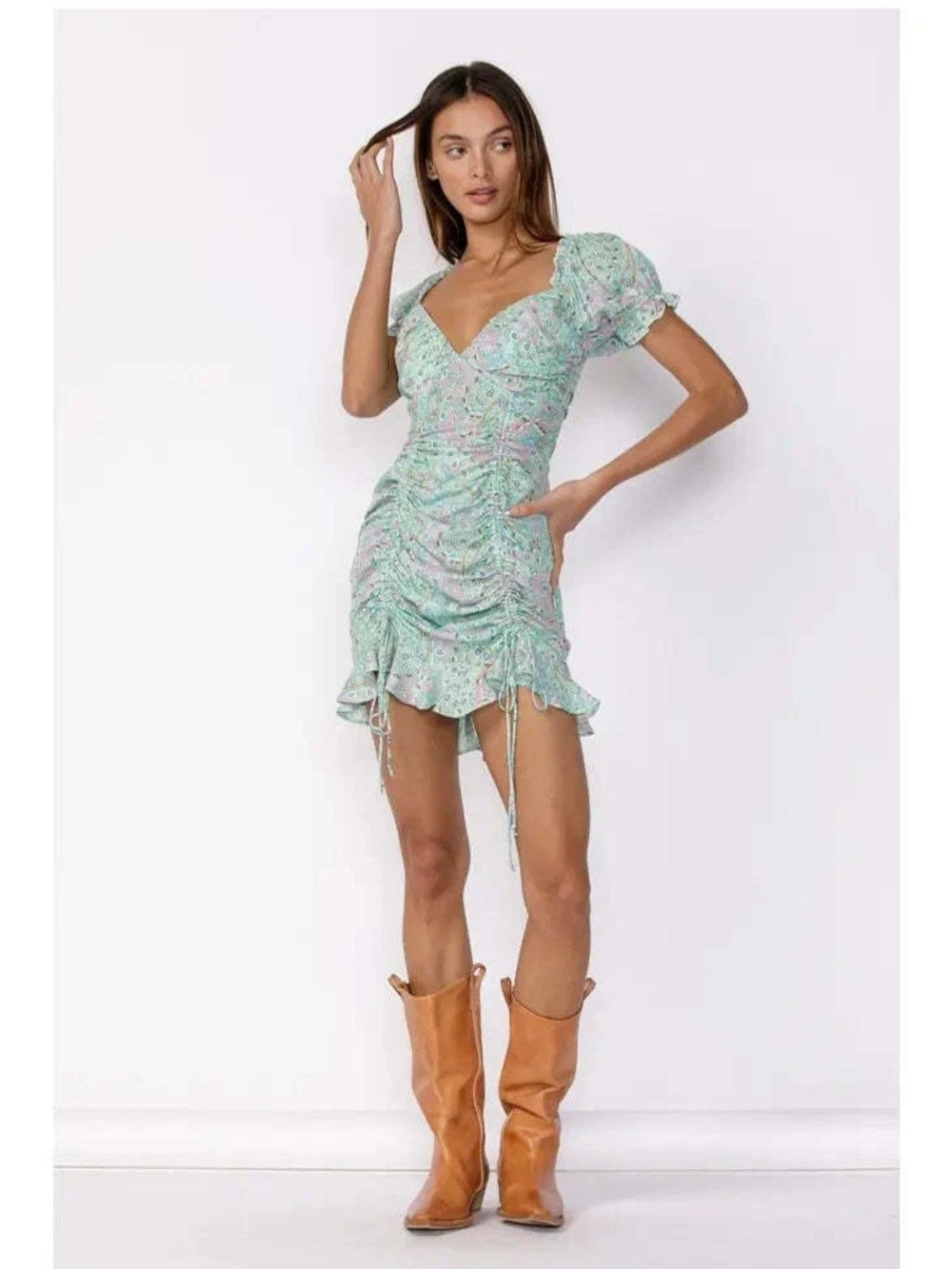 Sky to Moon Mint Paisley Ruched Puff Sleeve Mini Dress Size S